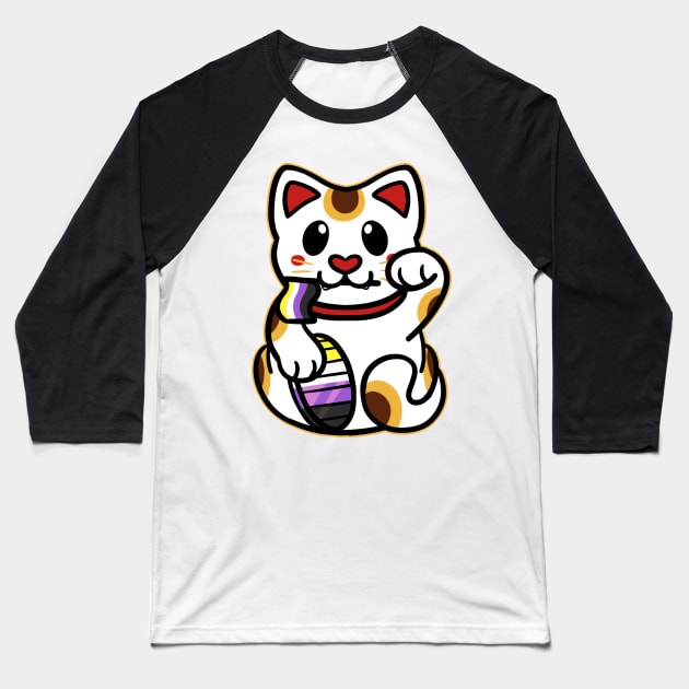 LGBTQ+ Pride Lucky Cat - Nonbinary Baseball T-Shirt by leashonlife